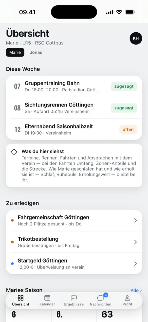 Eltern-Ansicht: die Woche des Kindes, offene Aufgaben und der Satz, welche Daten Eltern nicht sehen