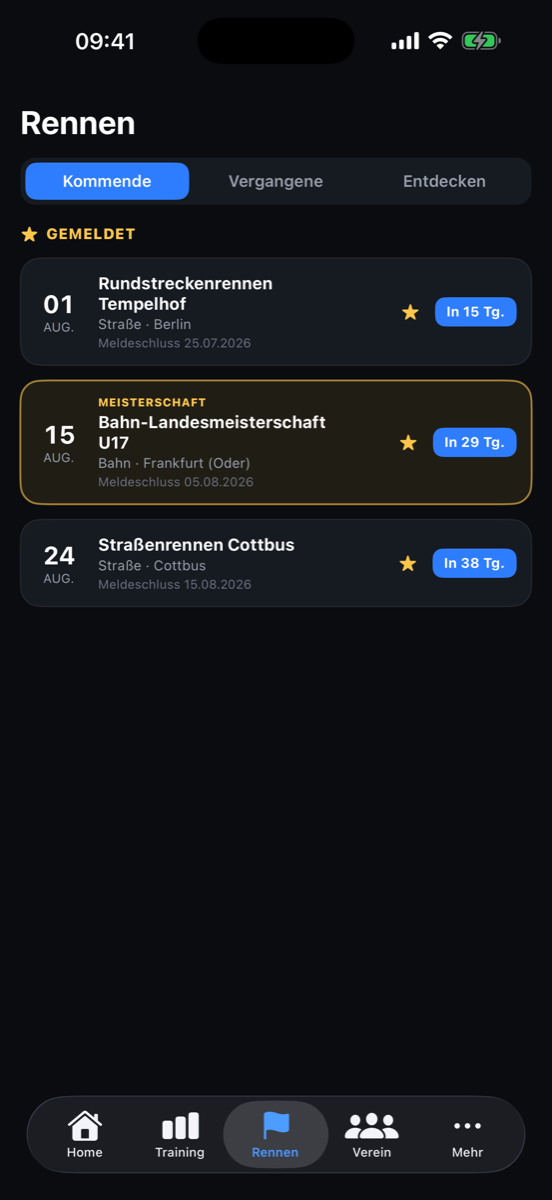 Rennkalender mit gemeldeten Rennen