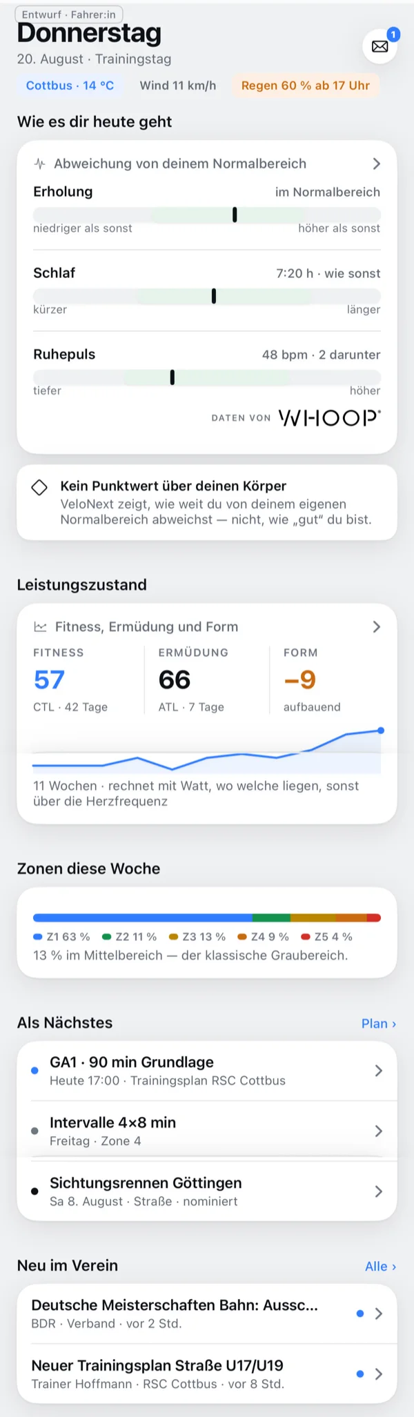 Startbildschirm der App: Abweichung vom Normalbereich, Erholung, Schlaf und Ruhepuls, darunter Fitness, Ermüdung und Form, Zonen der Woche und die naechsten Termine