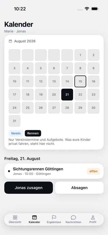 Elternkalender August mit Vereinsterminen und den Schaltflächen zum Zusagen oder Absagen