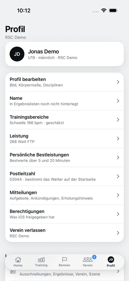 Profil mit Trainingsbereichen: Schwelle 166 bpm geschätzt, Leistung 268 Watt FTP, persönliche Bestleistungen