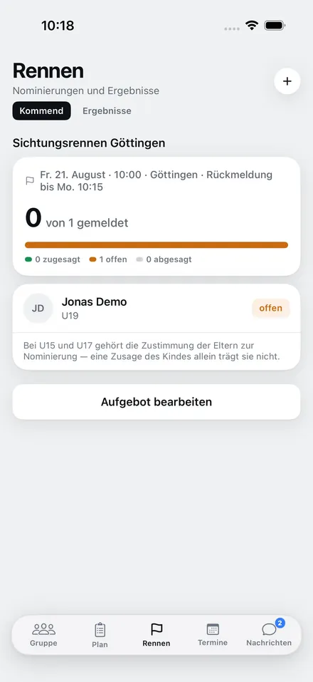 Trainer-Ansicht Rennen: Sichtungsrennen mit Rückmeldefrist, Aufgebot mit Zusagen und offenen Fällen
