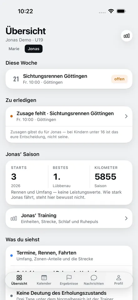 Eltern-Übersicht für zwei Kinder mit offener Zusage zum Sichtungsrennen und der Saisonbilanz