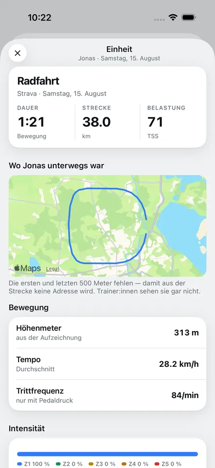 Einzelne Fahrt des Kindes mit Karte, Dauer 1:21, 38 km und dem Hinweis auf die fehlenden 500 Meter
